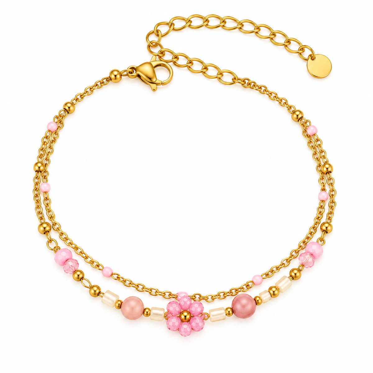 GOUDEN DUBBELE ARMBAND MET ROZE BLOEM EN KRALEN – RVS