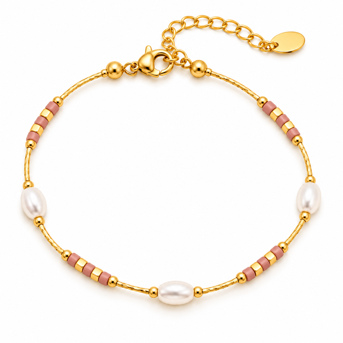 GOUDEN ARMBAND MET WITTE PARELS EN GEKLEURDE KRAALTJES