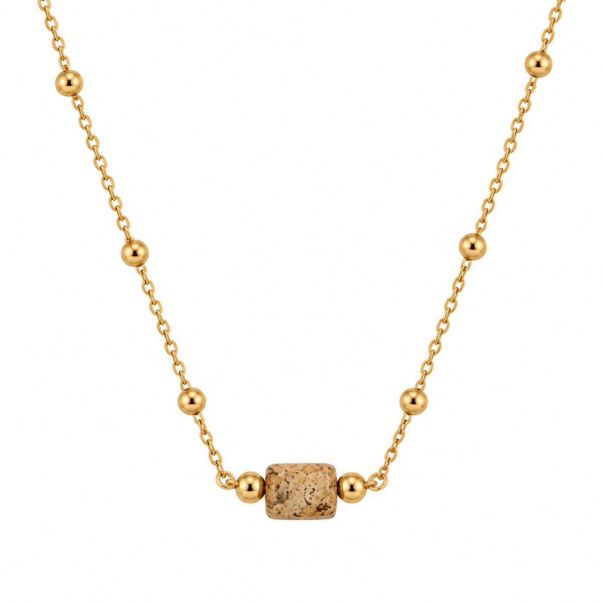 GOUDEN KETTING MET NATUURSTEEN EN GOUDEN BOLLETJES