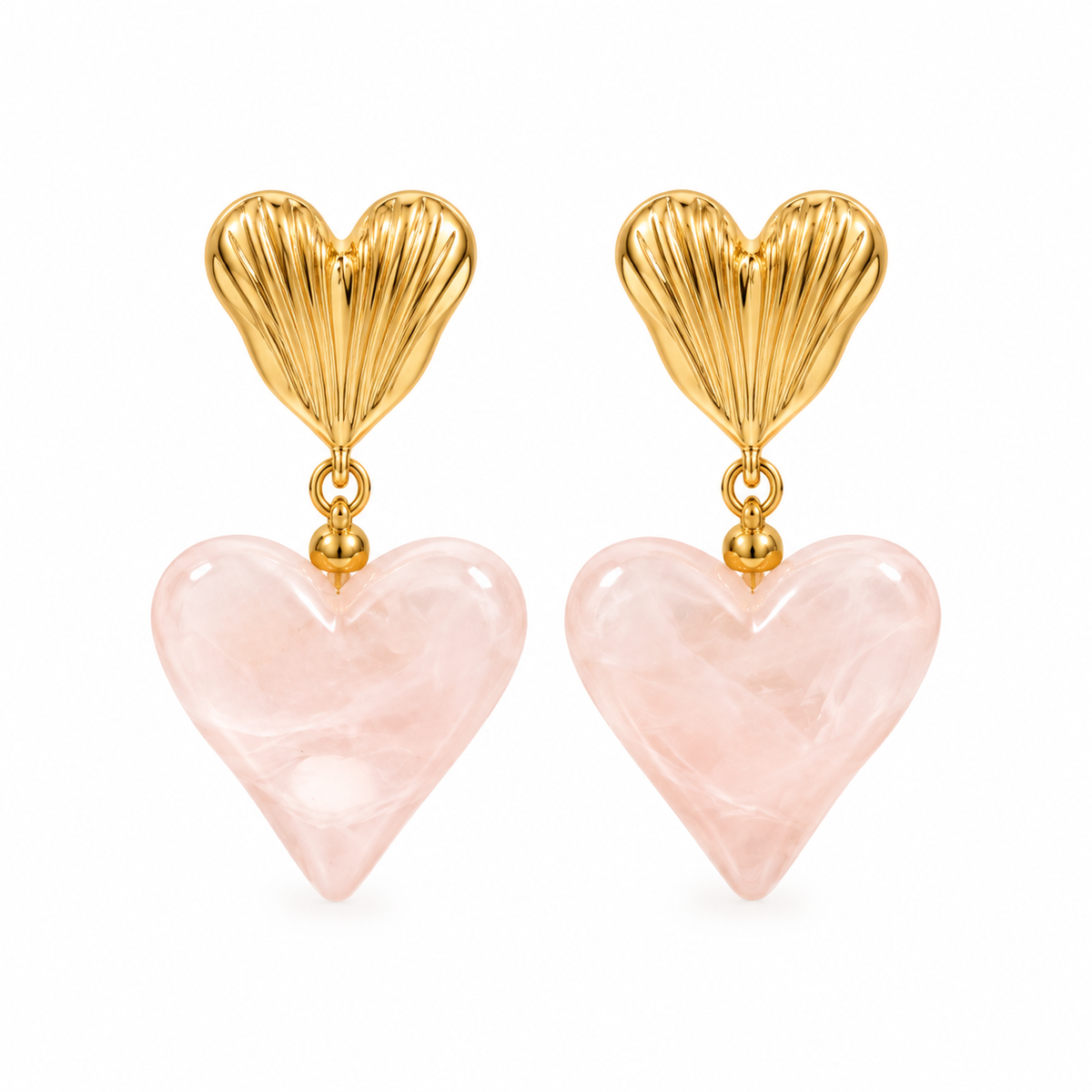 GOUDEN HART OORBELLEN MET ROZE BEDEL – RVS