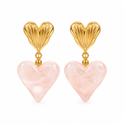 GOUDEN HART OORBELLEN MET ROZE BEDEL – RVS