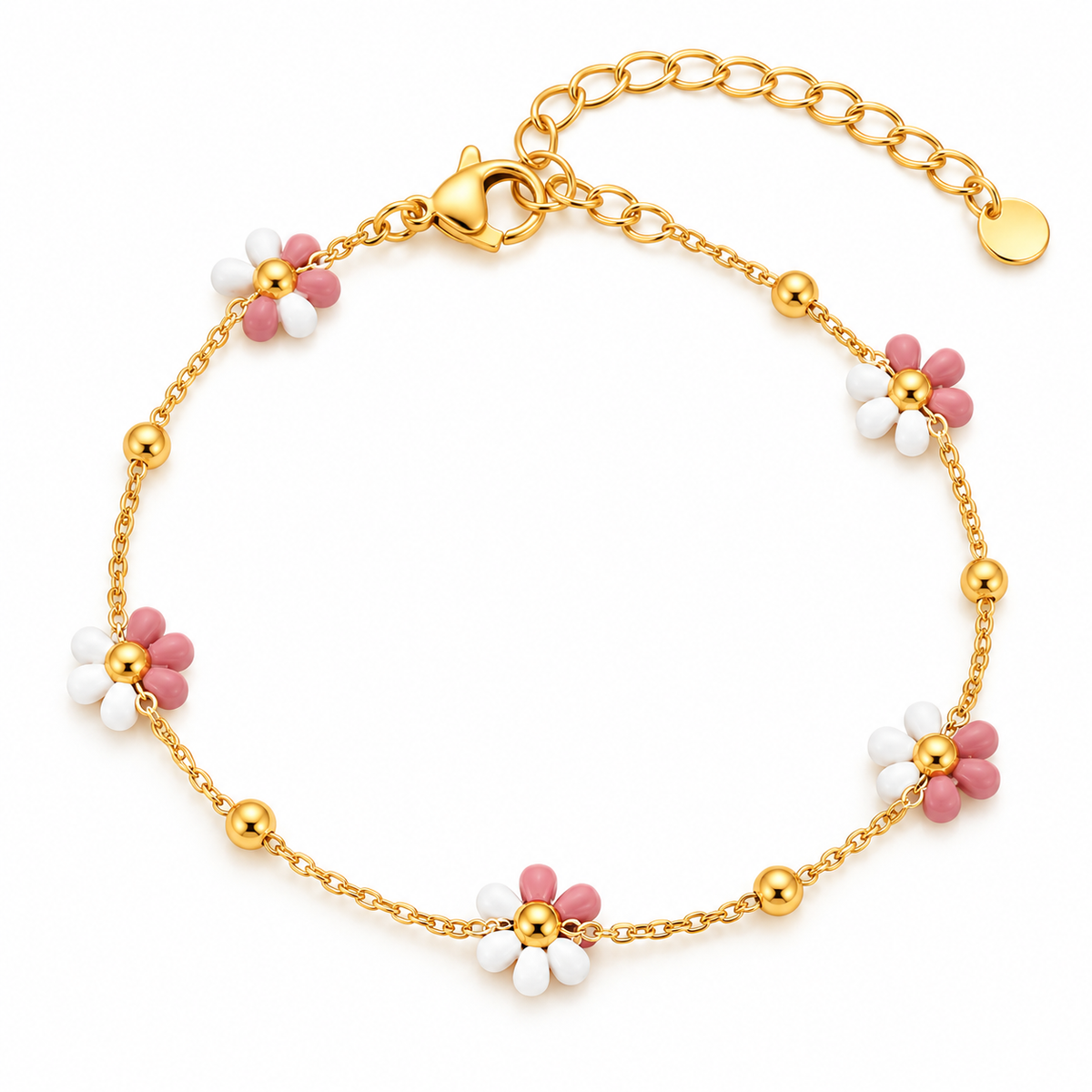 GOUDEN ARMBAND MET ROZE EN WITTE BLOEMETJES – RVS