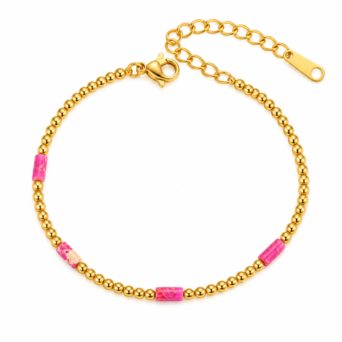 GOUDEN KRALEN ARMBAND MET ROZE NATUUESTEENTJES – RVS