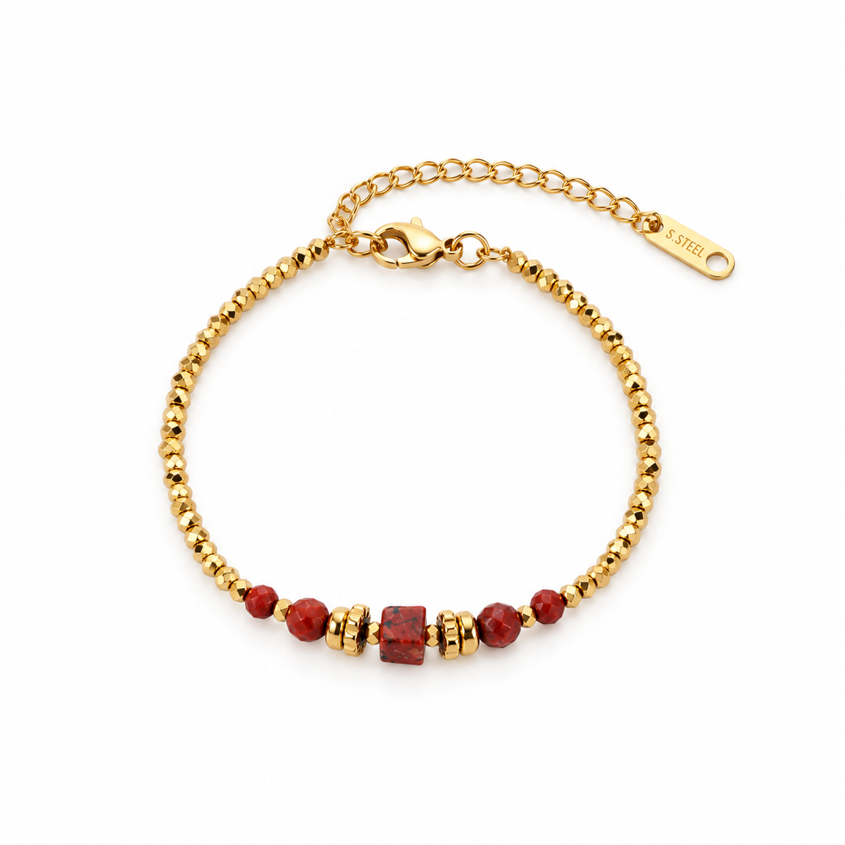 GOUDEN KRALEN ARMBAND MET RODE NATUURSTENEN