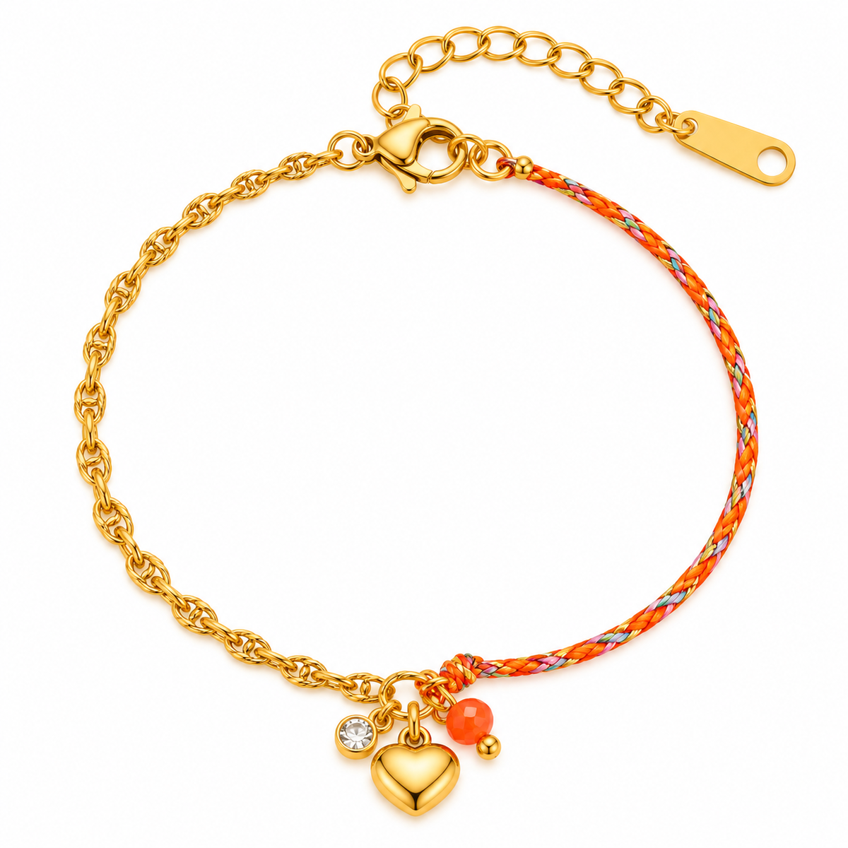 GOUDEN ARMBAND MET KOORD EN HARTJES BEDEL