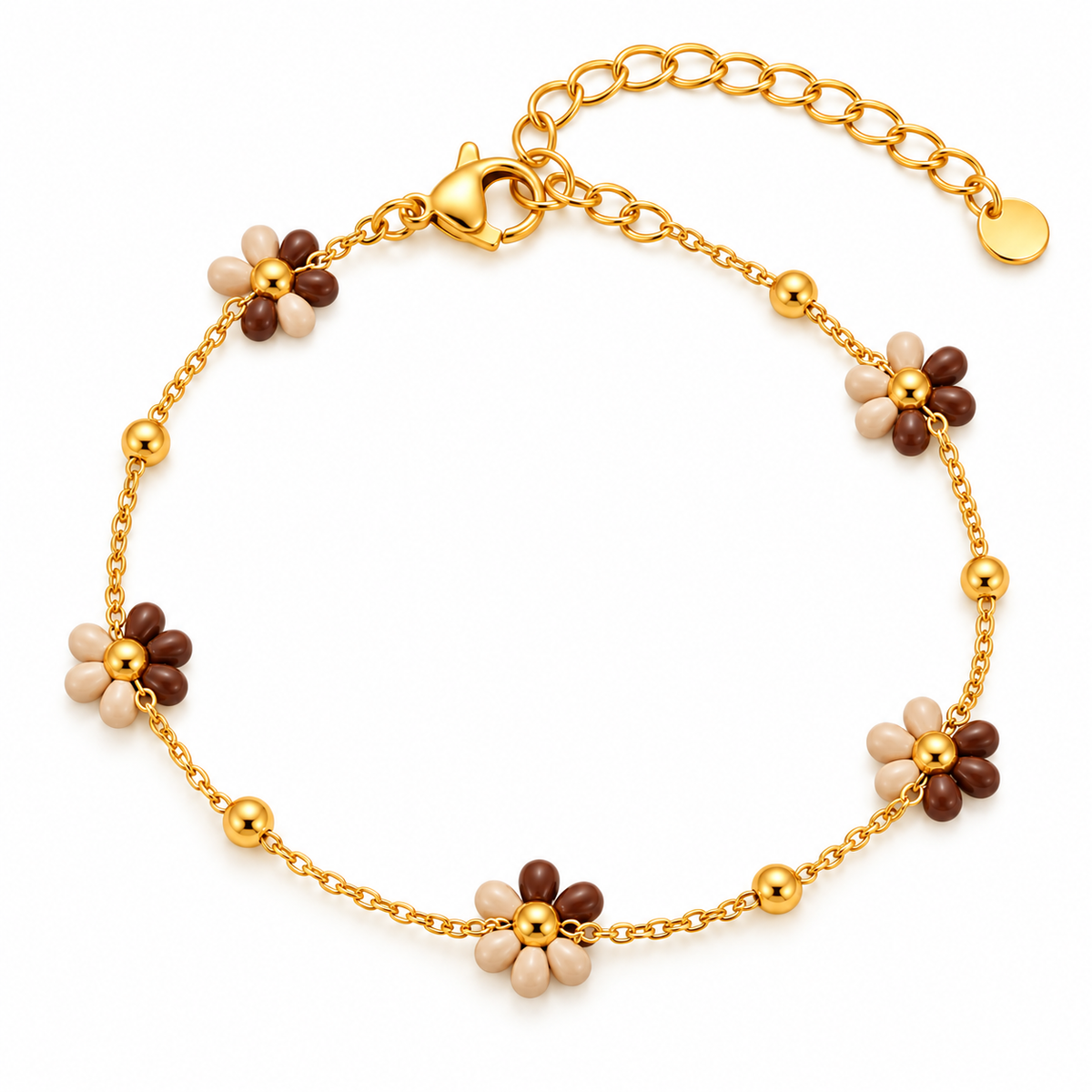 GOUDEN ARMBAND MET ROZE EN WITTE BLOEMETJES – RVS