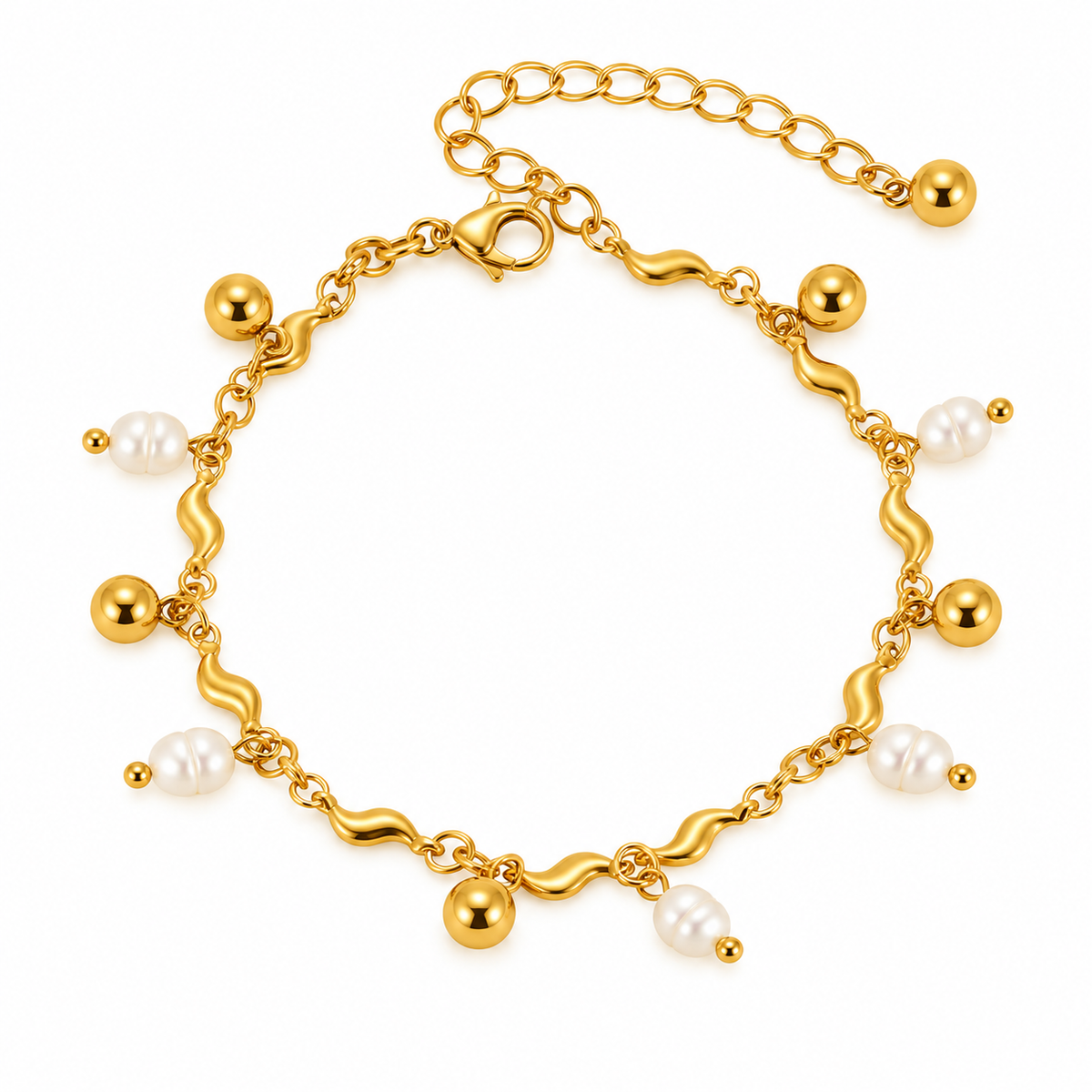 GOUDEN ARMBAND MET WITTE PARELS EN GOUDEN BEDELS – RVS