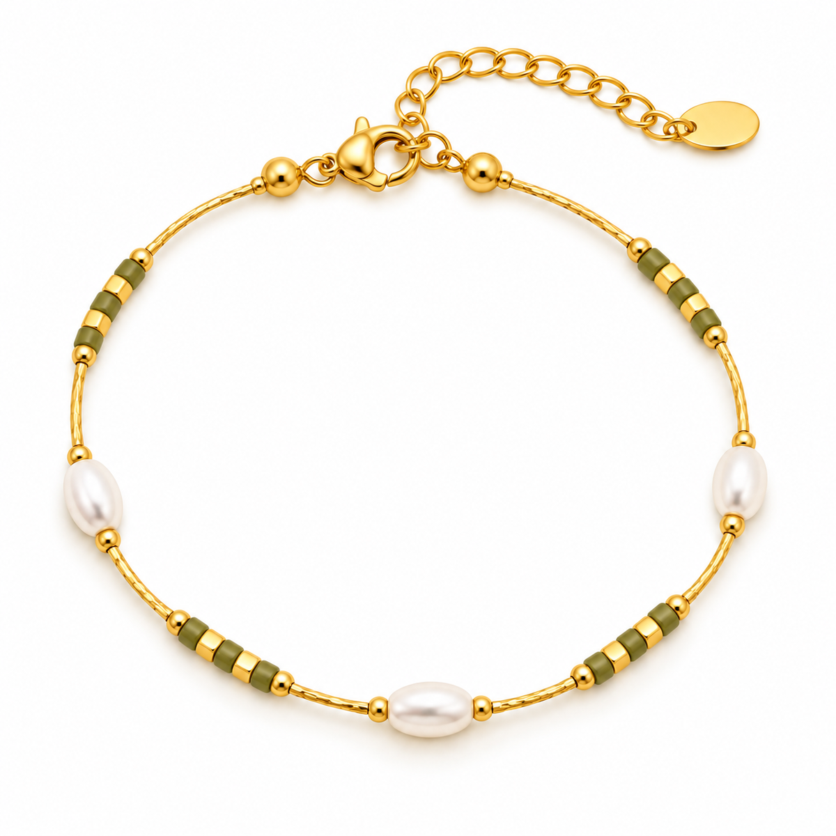 GOUDEN ARMBAND MET WITTE PARELS EN GEKLEURDE KRAALTJES