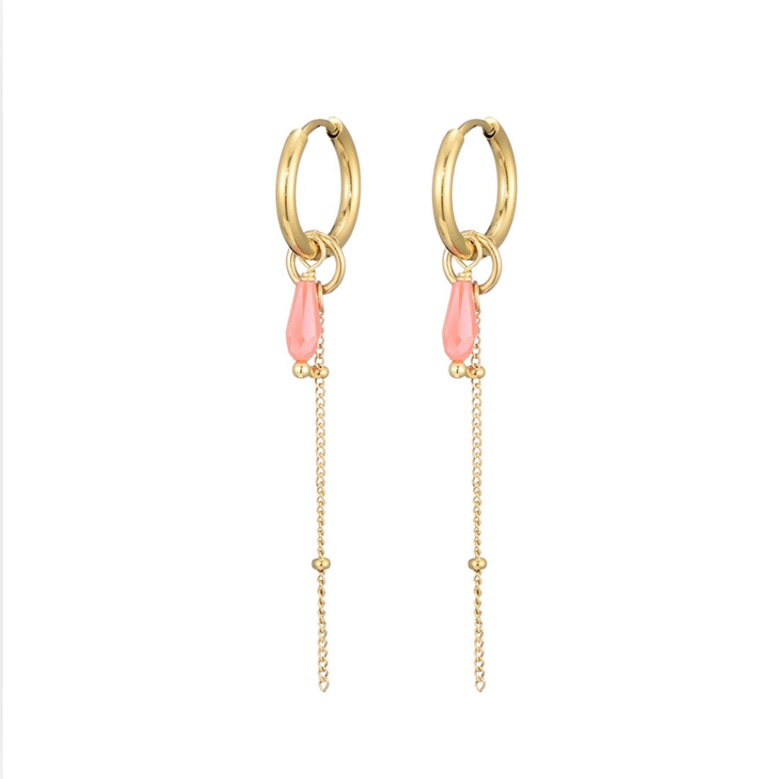 OORBELLEN LANGE KETTING ROZE