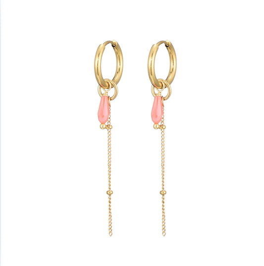 OORBELLEN LANGE KETTING ROZE