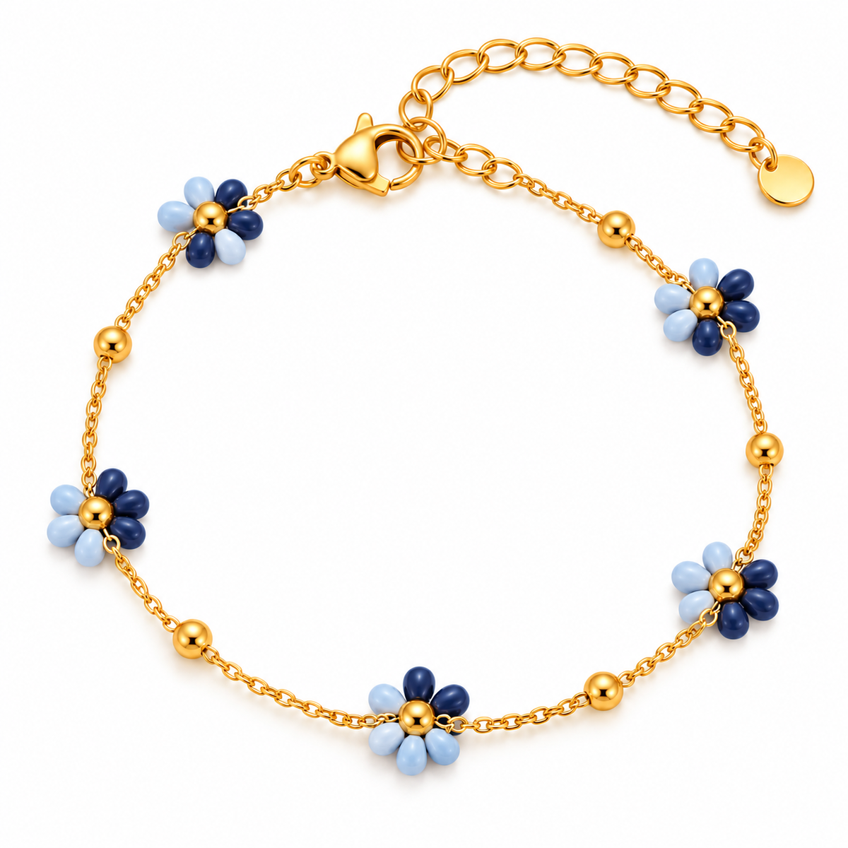 GOUDEN ARMBAND MET ROZE EN WITTE BLOEMETJES – RVS
