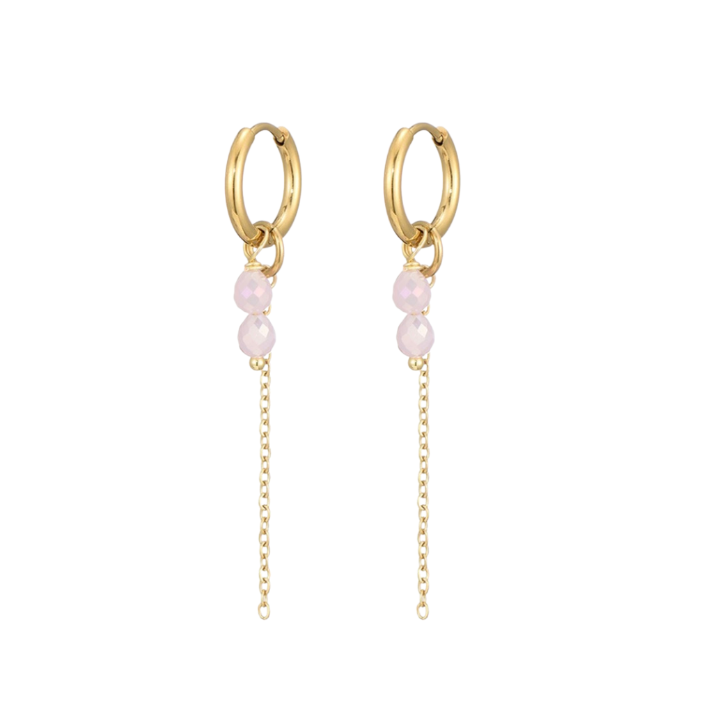 OORBELLEN LANGE KETTING ROZE