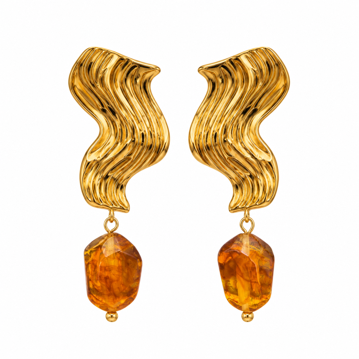 GOUDEN WAVEY OORBELLEN MET AMBERKLEURIGE STEEN